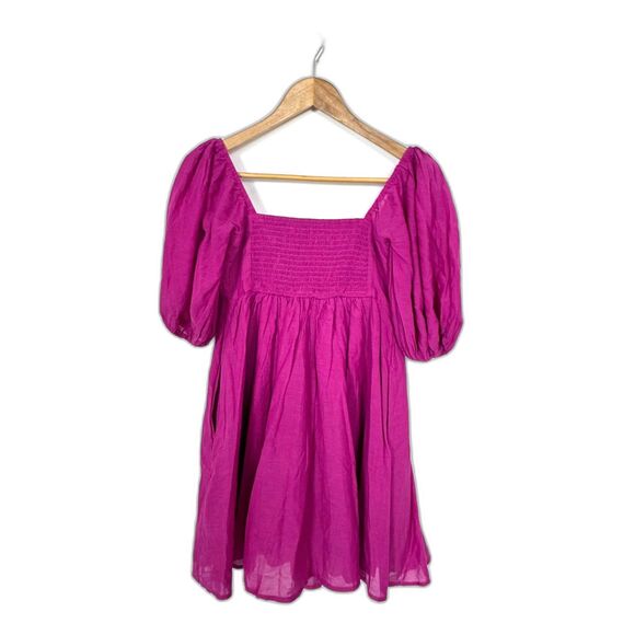 Abercrombie & Fitch Emerson Textured Puff Sleeve Pleated Mini Dress Hot Pink - Picture 1 of 4